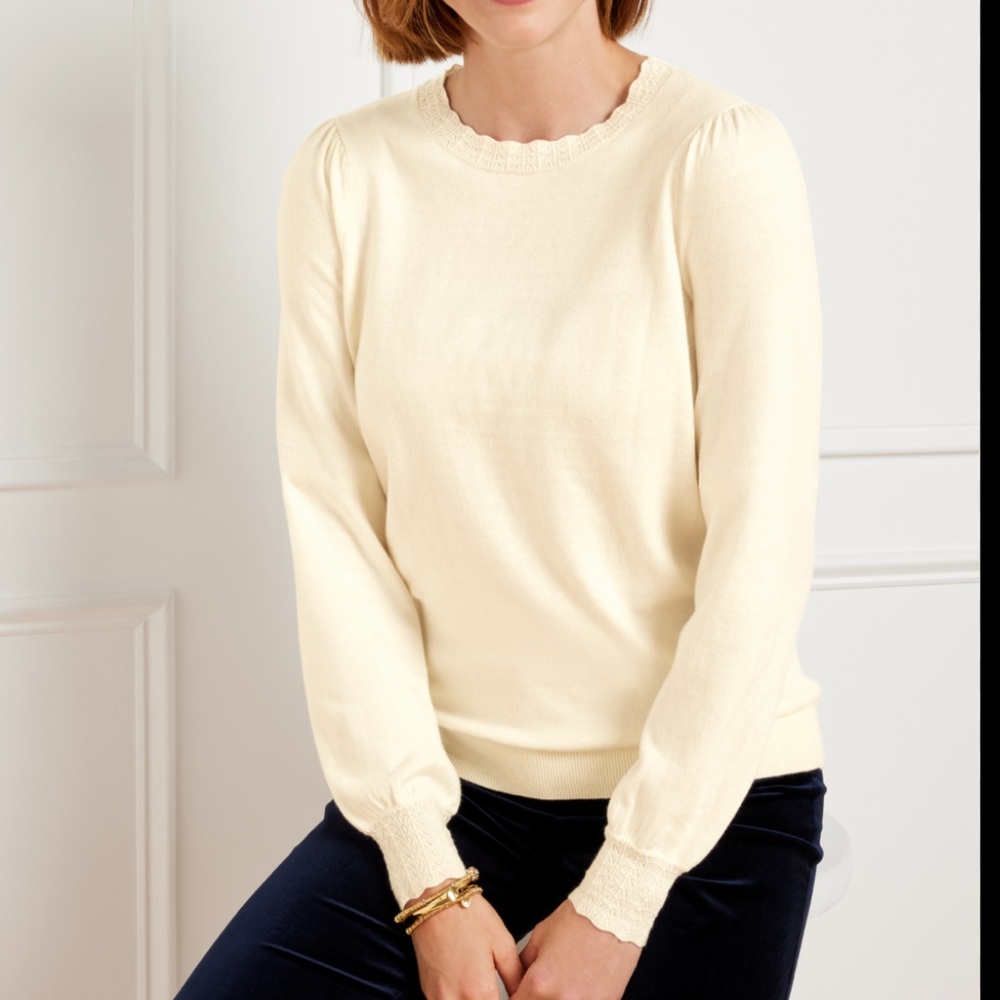 Talbots‎ Scallop Trim Pullover Sweater Cream Ivory Wool Blend Lightweight Small